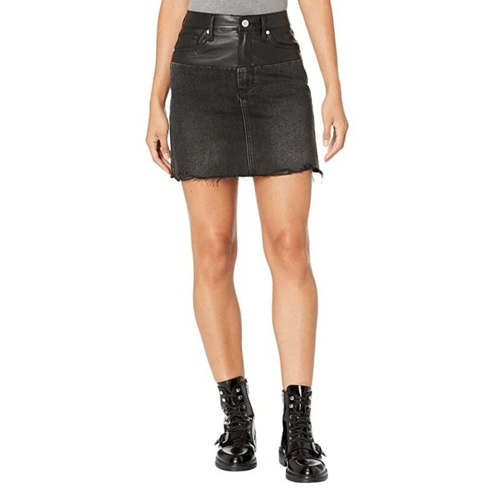 BlankNYC Twist of Fate Black Vegan Leather & Denim High Rise Mini Raw Hem Skirt